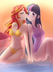 Size: 1280x1709 | Tagged: safe, artist:jonfawkes, imported from derpibooru, sunset shimmer, twilight sparkle, human, belly button, bikini, blushing, cheek kiss, cleavage, clothes, duo, duo female, female, holding hands, humanized, kissing, lesbian, long hair, one-piece swimsuit, sexy, shipping, sunsetsparkle, swimsuit