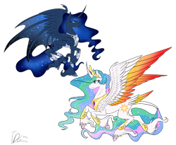 Size: 5500x4500 | Tagged: safe, artist:thedudegamer, imported from derpibooru, princess celestia, princess luna, classical unicorn, absurd resolution, cloven hooves, curved horn, leonine tail, simple background, tail feathers, transparent background, unshorn fetlocks