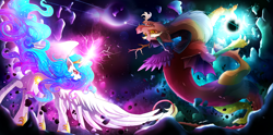 Size: 3500x1736 | Tagged: safe, artist:invidiata, imported from derpibooru, discord, princess celestia, draconequus, pegasus, pony, fight, magic, space, spread wings