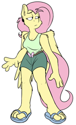 Size: 767x1253 | Tagged: safe, artist:silverscarf, derpibooru exclusive, imported from derpibooru, fluttershy, anthro, plantigrade anthro, belt, belt buckle, clothes, feet, female, sandals, shorts, solo, tanktop, toes