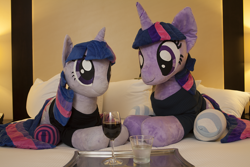 Size: 1620x1080 | Tagged: safe, artist:buttercupbabyppg, artist:mylittlewaifu, artist:plushwaifus, imported from derpibooru, twilight sparkle, bronycon, bronycon 2015, clothes, irl, life size, photo, plushie, self ponidox, socks, striped socks, twins, waifu dinner