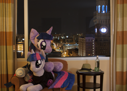 Size: 1507x1080 | Tagged: safe, artist:buttercupbabyppg, artist:mylittlewaifu, artist:plushwaifus, imported from derpibooru, twilight sparkle, unicorn, bronycon, bronycon 2015, baltimore, bottle, city, clothes, curtains, fedora, hat, horn, indoors, irl, life size, night, photo, plushie, socks, striped socks, tail, window