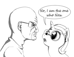 Size: 1045x811 | Tagged: artist needed, safe, imported from derpibooru, oc, oc:nyx, alicorn, pony, alicorn oc, breaking bad, crossover, frown, glare, glasses, heisenberg, joke, monochrome, open mouth, pun, walter white