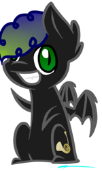 Size: 210x350 | Tagged: safe, artist:rainbowlightin, imported from derpibooru, oc, oc only, oc:super trampoline, bat pony, pony, curly hair, french horn, green eyes, musical instrument, simple background, smiling, solo, transparent background, waving