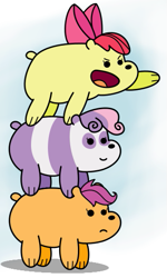 Size: 311x519 | Tagged: safe, artist:changeling #209458, imported from derpibooru, apple bloom, scootaloo, sweetie belle, bear, #bearstack, apple bloom riding sweetie belle, bear stack, bearified, bears riding bears, cutie mark crusaders, double riding, ponies riding ponies, ponies riding ponies riding ponies, riding, riding a bear, song in the comments, species swap, sweetie bear, sweetie belle riding scootaloo, we bare bears