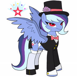 Size: 1650x1650 | Tagged: safe, artist:bico-kun, imported from derpibooru, oc, oc only, oc:nightfall flair, bat pony, pegasus, pony, bowtie, clothes, cutie mark, garter belt, garters, hat, magical lesbian spawn, magician, offspring, parent:trixie, parent:twilight sparkle, parents:twixie, simple background, solo, stockings, suit, top hat, tuxedo, white background