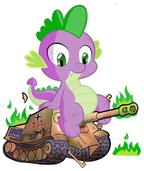 Size: 1024x1219 | Tagged: safe, artist:waffengrunt, imported from derpibooru, spike, destroyed, destruction, fire, green fire, jagdpanther, macro, male, solo, tank (vehicle), tank fetish