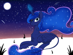 Size: 1600x1200 | Tagged: artist needed, safe, imported from derpibooru, princess luna, classical unicorn, female, glowing horn, leonine tail, looking at you, magic, moon, prone, solo, unshorn fetlocks