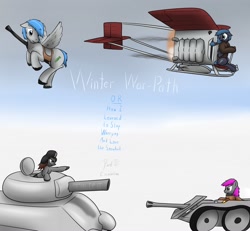 Size: 1280x1184 | Tagged: safe, artist:the-furry-railfan, imported from derpibooru, oc, oc only, oc:crash dive, oc:featherweight, oc:night strike, oc:pressure cooker, earth pony, pegasus, pony, anti-tank rifle, cannon, clothes, diving suit, flying machine, hat, inflatable, jacket, m4 sherman, serious business, snow, snowball fight, story, tank (vehicle), title page, vehicle