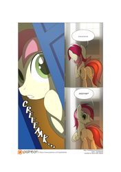 Size: 3541x5016 | Tagged: safe, artist:gashiboka, imported from derpibooru, roseluck, earth pony, pony, comic:recall the time of no return, butt, comic, doctor who, implied doctor whooves, patreon, patreon logo, plot, tardis, tardis console room, tardis control room