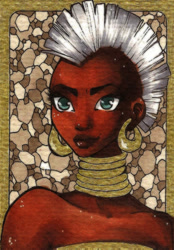 Size: 300x432 | Tagged: safe, artist:forunth, imported from derpibooru, zecora, human, african, dark skin, earring, female, humanized, mohawk, neck rings, piercing, portrait, solo, traditional art