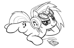 Size: 5176x3376 | Tagged: safe, artist:drawponies, imported from derpibooru, dj pon-3, vinyl scratch, unicorn, female, headphones, ipod, mare, monochrome, sketch, solo