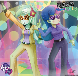 Size: 1464x1427 | Tagged: safe, artist:the-butch-x, imported from derpibooru, bon bon, lyra heartstrings, sweetie drops, equestria girls, rainbow rocks, 1970s, 70s, background human, clothes, dancing, disco, disco ball, disco dance, duo, female, jewelry, logo, necklace, party, signature, sunglasses