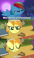 Size: 909x1533 | Tagged: safe, edit, edited screencap, imported from derpibooru, screencap, rainbow dash, teddie safari, pegasus, pony, sleepless in ponyville, trade ya, caption, comic, meme, rusty horseshoe