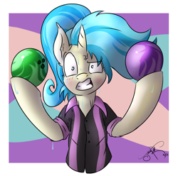 Size: 2000x1985 | Tagged: safe, artist:jorobro, imported from derpibooru, allie way, pony, unicorn, bowling, bowling ball, shrunken pupils, solo, sweat