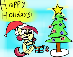 Size: 2496x1954 | Tagged: safe, artist:xarktisflamex, imported from derpibooru, roseluck, earth pony, pony, christmas, christmas tree, female, happy holidays, hat, mare, present, rose, santa hat, solo, tree