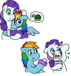 Size: 855x910 | Tagged: safe, artist:stockingstreams, imported from derpibooru, rainbow dash, rarity, bathrobe, clothes, comforting, crying, female, hug, ice cream, lesbian, raridash, robe, shipping, tissue, tissue box