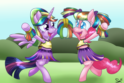 Size: 3000x2000 | Tagged: safe, artist:sintakhra, imported from derpibooru, pinkie pie, twilight sparkle, alicorn, pony, cheerleader, duo, female, mare, twilight sparkle (alicorn), wig