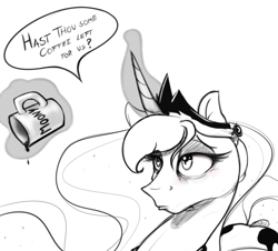 Size: 820x740 | Tagged: safe, artist:asadama, imported from derpibooru, princess luna, bedroom eyes, coffee, coffee mug, cute, female, frown, levitation, luna loves coffee, monochrome, mug, pouting, royalty, sad, sleepy, solo, tired