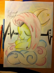 Size: 1936x2592 | Tagged: safe, artist:thebronyartist99, imported from derpibooru, fluttershy, cloud, crescent moon, drawing, eyes closed, female, mare, moon, solo, traditional art