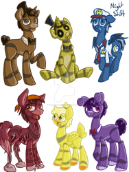 Size: 1024x1365 | Tagged: safe, artist:fallenfateadopts, imported from derpibooru, bonnie, bonnie (fnaf), chica, five nights at freddy's, foxy, freddy fazbear, golden freddy, security officer