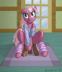 Size: 720x837 | Tagged: safe, artist:brianblackberry, imported from derpibooru, cheerilee, earth pony, pony, 80s, 80s cheerilee, bottomless, clothes, female, flashdance, leg warmers, partial nudity, shirt, sitting, solo, stool, younger