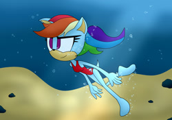 Size: 2000x1400 | Tagged: safe, artist:uwdr-64, imported from derpibooru, rainbow dash, anthro, plantigrade anthro, bubble, clothes, crossover, depth, female, happy, ocean, one-piece swimsuit, rock, smiling, solo, sonic the hedgehog (series), sonicified, swimming, swimsuit, underwater