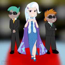 Size: 1500x1500 | Tagged: safe, artist:phallen1, imported from derpibooru, snails, snips, trixie, human, bodyguard, breasts, cape, carpet, cleavage, clothes, dress, feather boa, female, humanized, light skin, newbie artist training grounds, red carpet, suit, sunglasses, trixie's fans