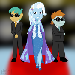 Size: 1500x1500 | Tagged: safe, artist:phallen1, imported from derpibooru, snails, snips, trixie, equestria girls, bodyguard, breasts, cape, carpet, cleavage, clothes, dress, earring, feather boa, female, newbie artist training grounds, piercing, red carpet, suit, sunglasses, trixie's fans