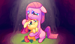 Size: 1920x1136 | Tagged: safe, artist:halem1991, imported from derpibooru, apple bloom, pinkie pie, pony, crying, duo, hug, pinkamena diane pie