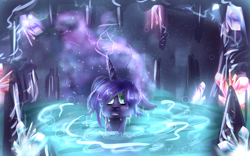 Size: 1920x1200 | Tagged: safe, artist:karmamoonshadow, imported from derpibooru, princess luna, cave, female, floppy ears, grotto, hot springs, magic, solo, water, wet mane