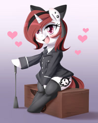 Size: 1334x1680 | Tagged: safe, artist:aryanne, imported from derpibooru, oc, oc only, oc:lilith, eagle, pony, unicorn, boots, box, clothes, earring, happy, heart, necktie, piercing, shirt, sitting, socks, solo, thigh highs, uniform