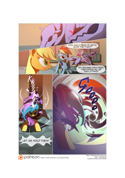 Size: 3541x5016 | Tagged: safe, artist:gashiboka, imported from derpibooru, applejack, pinkie pie, rainbow dash, oc, oc:gold lily, pony, comic:recall the time of no return, comic, iron wolf, magic, patreon, patreon logo