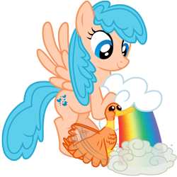 Size: 3000x3000 | Tagged: safe, artist:sunley, imported from derpibooru, duck soup, sprinkles (g1), bird, duck, pegasus, pony, cloud, duo, female, g1, g1 to g4, g4, generation leap, mare, rainbow, simple background, solo, transparent background