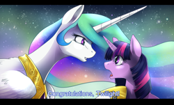 Size: 2224x1344 | Tagged: safe, artist:oblivionheart13, imported from derpibooru, princess celestia, twilight sparkle, magical mystery cure, ascension realm, celestia's ballad, congratulations, dialogue, princess celestia's special princess making dimension, scene interpretation, void