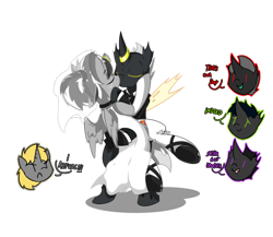 Size: 800x694 | Tagged: safe, artist:srmario, imported from derpibooru, oc, oc only, oc:doctiry, oc:flik, oc:platan, oc:reinflak, oc:terra, alicorn, changeling, pony, unicorn, alicorn oc, bridal veil, broken horn, changeling oc, clothes, couple, dress, female, german, green changeling, groom, husband and wife, interspecies, kissing, male, marriage, platiry, purple changeling, red changeling, socks, wedding, wedding dress, wedding ring, wedding veil, yellow changeling