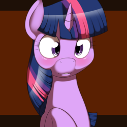 Size: 900x900 | Tagged: safe, artist:kloudmutt, edit, imported from derpibooru, twilight sparkle, adorkable, blushing, cross-eyed, cute, dork, female, shiny, smiling, solo