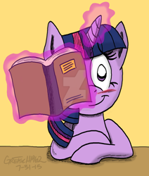 Size: 1024x1210 | Tagged: dead source, safe, artist:gretsch1962, imported from derpibooru, twilight sparkle, pony, unicorn, blushing, book, deviantart watermark, female, magic, mare, obtrusive watermark, solo, watermark