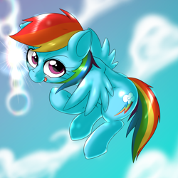 Size: 1000x1000 | Tagged: safe, artist:ushiro no kukan, imported from derpibooru, rainbow dash, backwards cutie mark, cloud, cloudy, female, lens flare, solo, sun