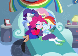Size: 2840x2040 | Tagged: safe, artist:luckyacesnof, imported from derpibooru, fluttershy, pinkie pie, rainbow dash, rarity, tank, equestria girls, tanks for the memories, clothes, cry pile, crying, equestria girls interpretation, scene interpretation, slippers, tank slippers