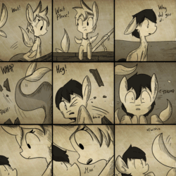 Size: 1209x1209 | Tagged: safe, artist:tjpones, imported from derpibooru, oc, oc only, earth pony, mermaid, merpony, pony, horse wife, animated, ask, boat, chest fluff, comic, dialogue, ear fluff, female, gif, male, ocean, rain, sepia, sharp teeth, sitting, stallion, story, the girl in the sea, threatening, thump, tumblr