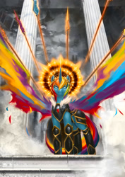 Size: 1240x1754 | Tagged: safe, artist:eosphorite, imported from derpibooru, rainbow dash, alicorn, pony, 20% cooler, alicornified, armor, badass, cloud, cloudy, colored wings, element of loyalty, epic, halo, multicolored wings, race swap, rainbow wings, rainbowcorn, spear, weapon