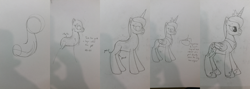 Size: 4500x1600 | Tagged: safe, artist:parclytaxel, imported from derpibooru, princess luna, female, how to draw, lineart, monochrome, no tail, photo, sketch, solo, traditional art, tutorial