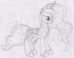 Size: 1786x1400 | Tagged: safe, artist:parclytaxel, imported from derpibooru, princess luna, female, lineart, monochrome, solo, traditional art