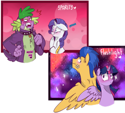 Size: 1024x924 | Tagged: safe, artist:craftedfun3, imported from derpibooru, flash sentry, rarity, spike, twilight sparkle, alicorn, pony, clothes, collar, female, flashlight, hoodie, male, mare, older, older spike, shipping, sparity, straight, twilight sparkle (alicorn)