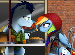 Size: 1512x1112 | Tagged: safe, artist:supermare, imported from derpibooru, rainbow dash, soarin', pony, beanie, chair, clothes, crossover, delsin rowe, duo, hat, hilarious in hindsight, infamous, infamous second son, pie, sitting, table, that pony sure does love pies