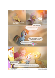 Size: 3541x5016 | Tagged: safe, artist:gashiboka, imported from derpibooru, applejack, pinkie pie, rainbow dash, oc, oc:gold lily, earth pony, pegasus, pony, unicorn, comic:recall the time of no return, accessory theft, comic, patreon, patreon logo