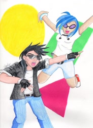 Size: 765x1044 | Tagged: safe, artist:lovelymetalhead, imported from derpibooru, dj pon-3, neon lights, rising star, vinyl scratch, human, converse, female, humanized, male, shipping, shoes, straight, vinylights