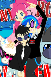 Size: 576x870 | Tagged: safe, artist:drspencerreidbietch, imported from derpibooru, dj pon-3, neon lights, pinkie pie, rising star, vinyl scratch, human, anime, humanized