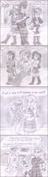 Size: 1057x3912 | Tagged: safe, artist:poseidonathenea, imported from derpibooru, derpy hooves, fleur-de-lis, officer pootang mang, pinkie pie, princess celestia, rainbow dash, rarity, twilight sparkle, equestria girls, friendship games, 4koma, canterlot high, car, comic, context is for the weak, french, human ponidox, kurt marshall, monochrome, nightstick, pencil drawing, police car, ponidox world, principal celestia, traditional art, yardstick